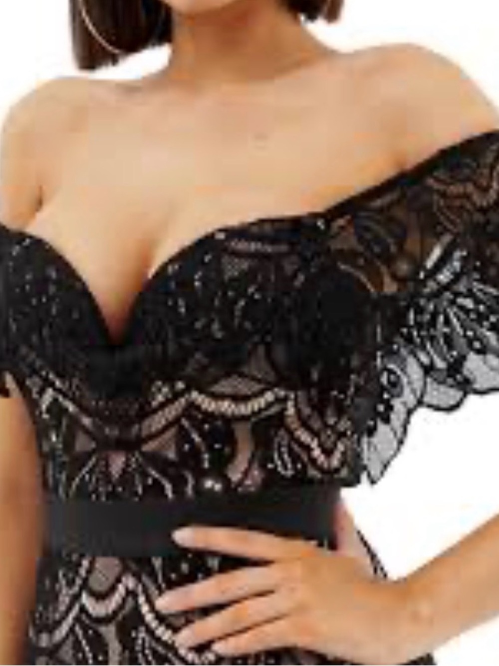 Rare London Black Off-Shoulder Lace Midi Dress